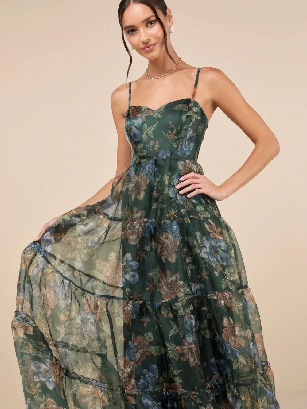 Lulu's Dark Green Floral Spaghetti-Strap Maxi Dress - Picture 4 of 4